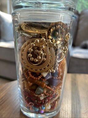 Crafters Jar Filled with Mixed Costume Jewelry- (non-wearable).    7 inch jar